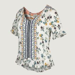 Lucky Brand Womens Floral Peplum Blouse V-Neck Lace Trim Ruffle Puff Sleeve Md